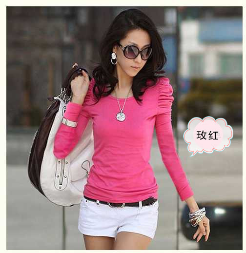 FS609 Autumn and winter  new arrival women's puff sleeve long-sleeve T-shirt basic shirt