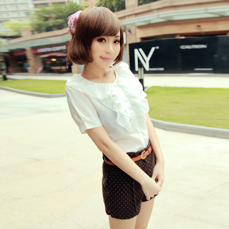 Full elegant slim princess white laciness chiffon shirt