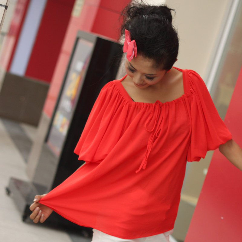 Full fashion elegant solid color batwing sleeve loose chiffon shirt