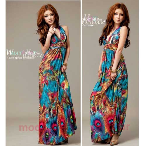 Full-length Boho Muli Color Deep V-Neck Gypsy Low-Cut Beachwear Maxi dresses E0232