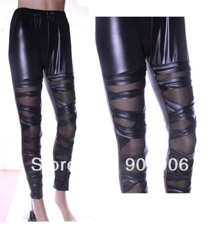 Funky Faux Leather Leggings Cross Straps Mesh Sexy Stretch Vintage Tights Pants free shipping