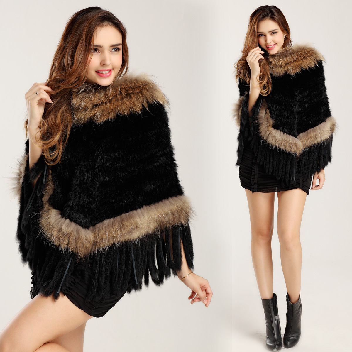 Fur cloak outerwear knitted vivi pear rinka rabbit fur rabbit hair raccoon fur tassel cape ZL0126