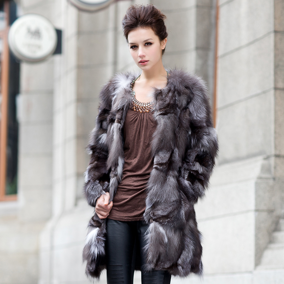 Fur coat 2012 elegant women's silver fox wool patchwork long design outerwear lj1222