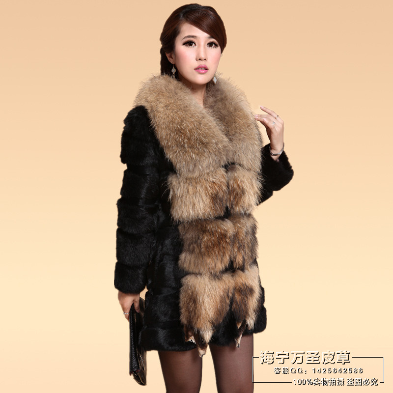 Fur coat 2012 female rabbit fur medium-long raccoon fur overcoat