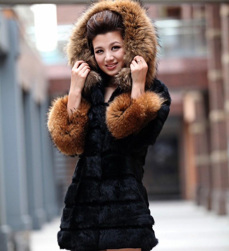 Fur coat 2012 rabbit fur coat raccoon fur slim overcoat