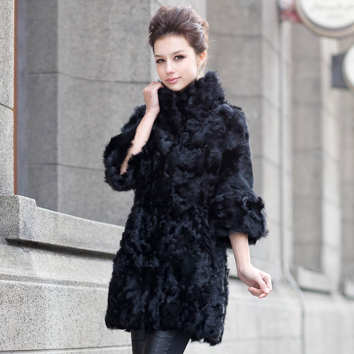 Fur coat 2012 women's full leather berber fleece stand collar three quarter sleeve lj1220