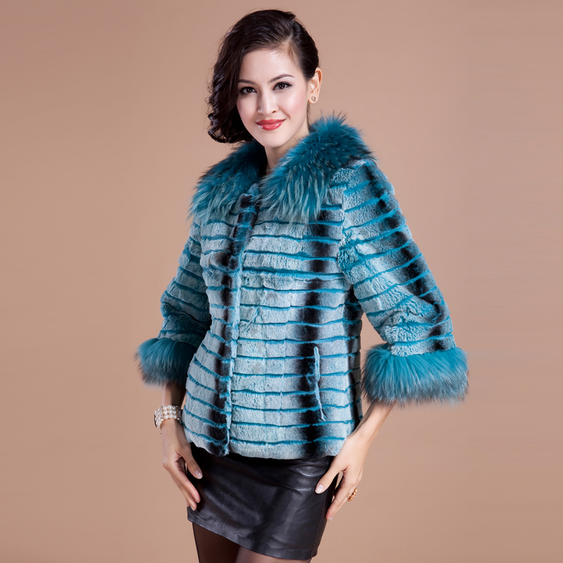 Fur coat 2012 women's raccoon fur neck rabbit fur coat full piece 4 color for choose stripes women's winter coat free ship