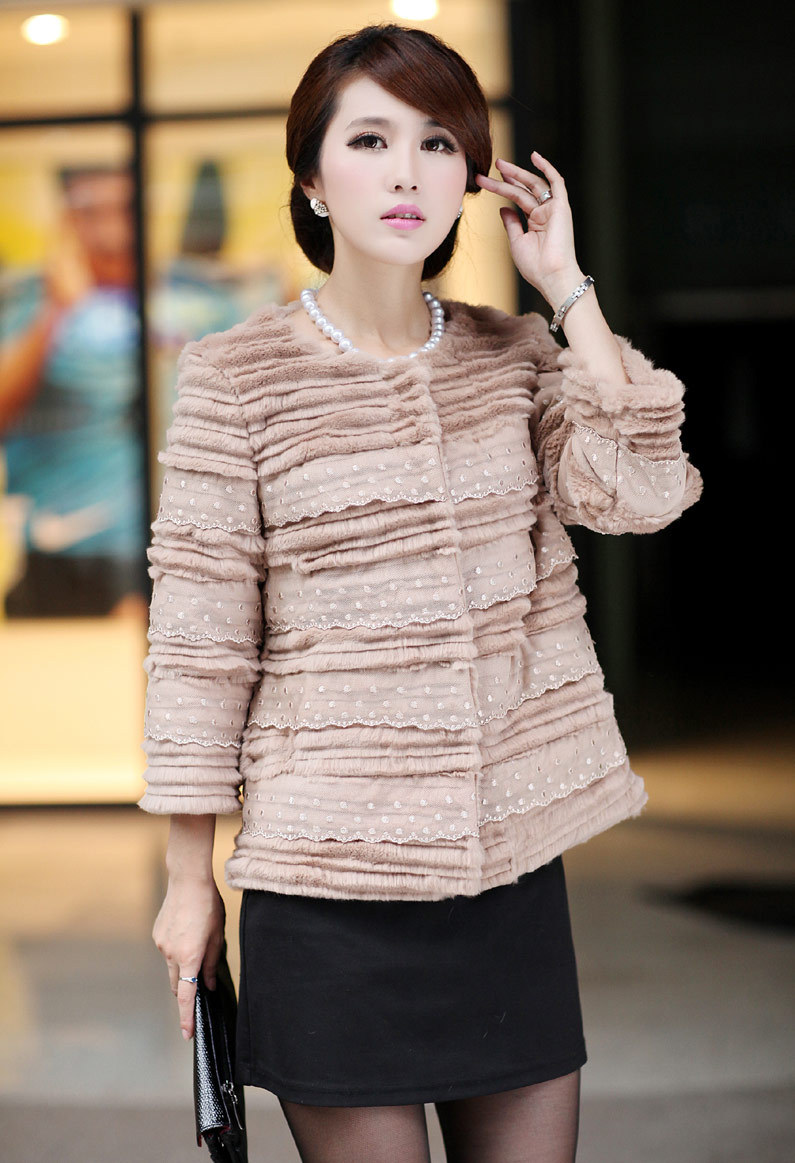 Fur coat rabbit fur Women 2012 autumn and winter o-neck rabbit fur flower lace outerwear