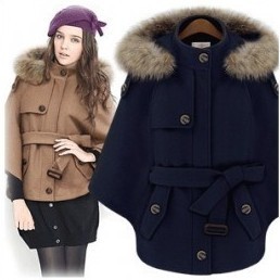 Fur collar with a hood single breasted poncho outerwear Dark Blue camel Free Shipping