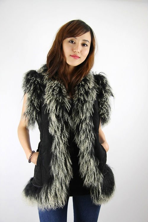 (Fur Garment) Ladies' Fashion double face Tuscany Lamb fur& Mongolian lamb  Fur vest waistcoat plus size free shipping