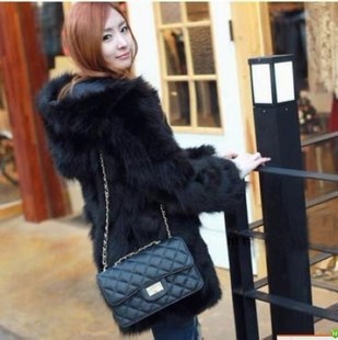 Fur special clearance 2012 Korean Women Rabbit Fur Leather grass hooded casual jacket coat wool jacket