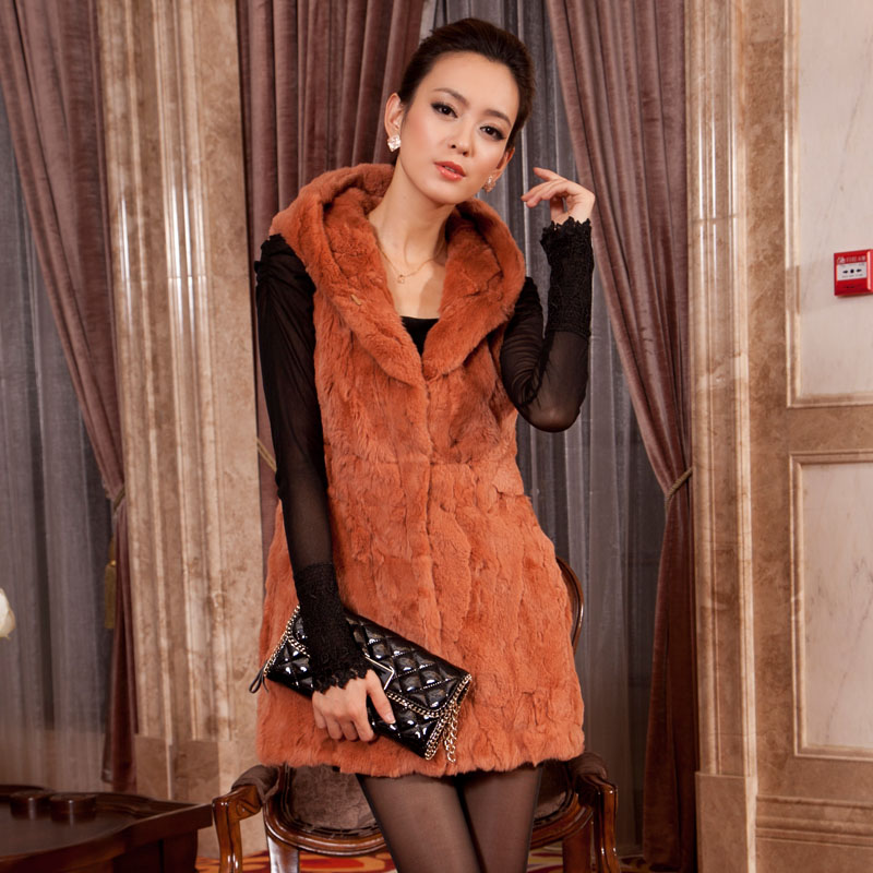 Fur vest outerwear 2012 high quality rex rabbit hair long design vest hooded