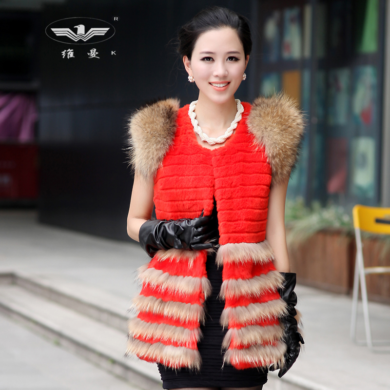 Fur vest outerwear 2012 horizontal stripe rabbit fur vest medium-long raccoon fur