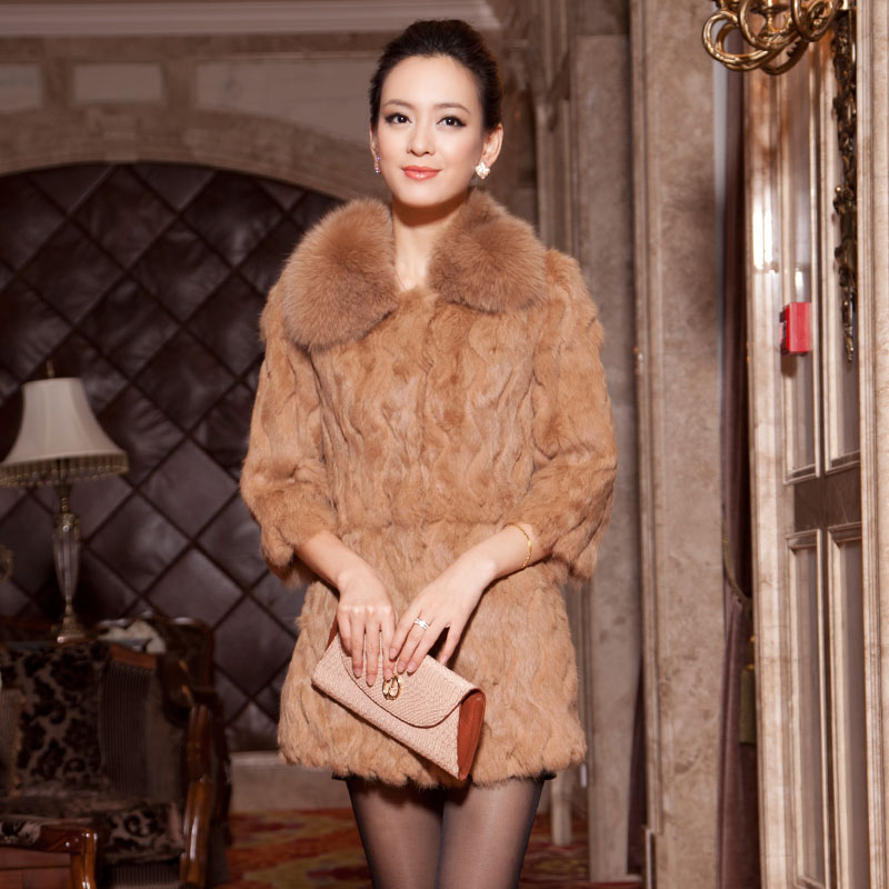 Fur winter women's rex rabbit hair raccoon fur medium-long slim fur coat