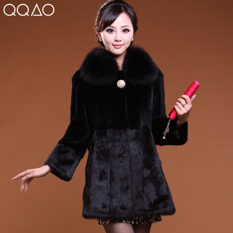 Fur women's medium-long full leather rex rabbit hair goatswool black fur coat fox fur Free shipping