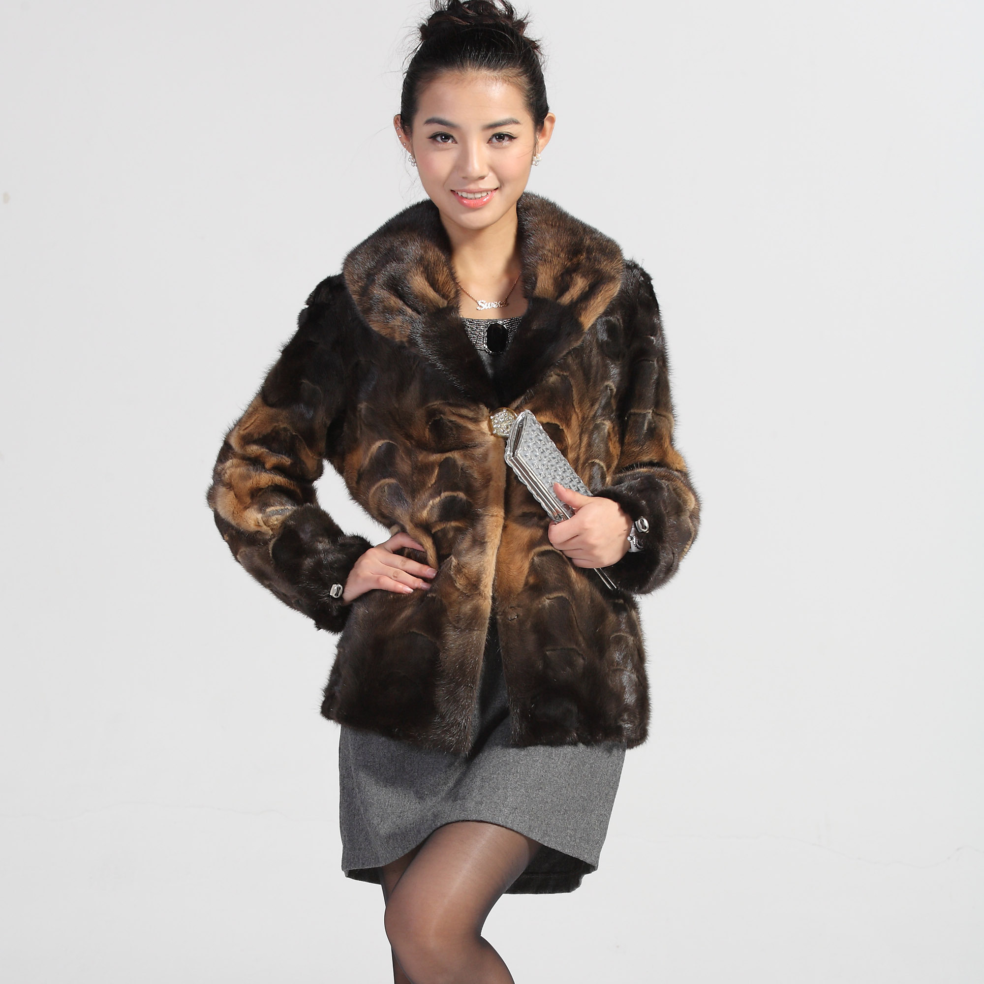 Furlove large lapel fur collar fight mink medium-long fur overcoat thermal fight mink h2075-11