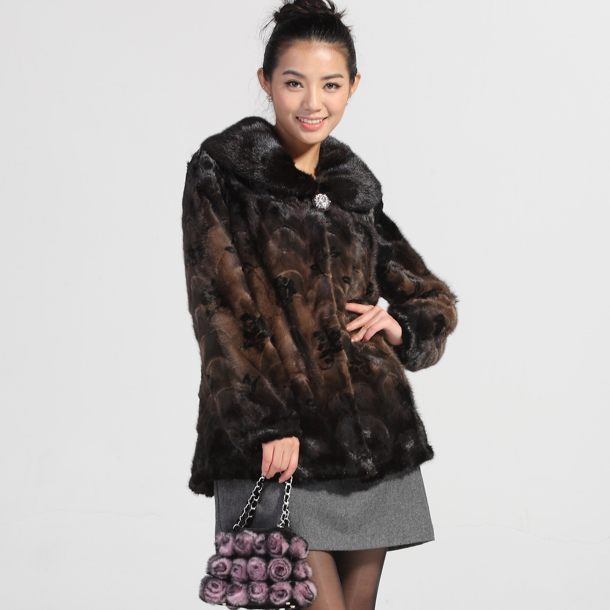 Furlove mink large lapel medium-long women's fight mink overcoat slim waist thermal fur h2097