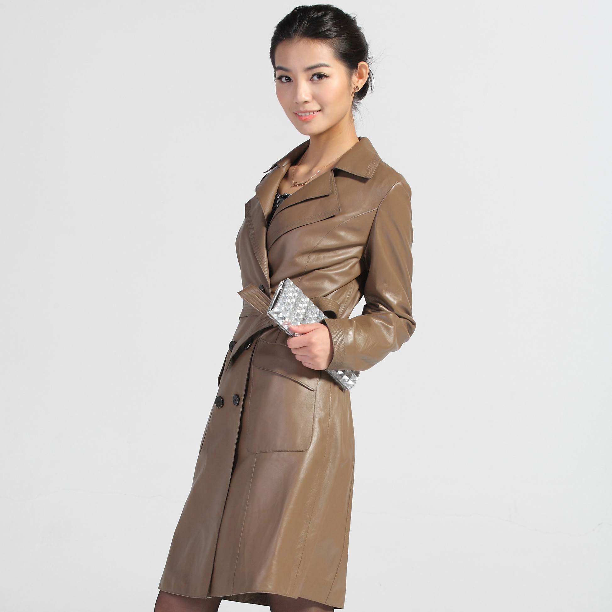 Furlove women's ultra long double collar sheepskin overcoat genuine leather belt leather clothing leather e711