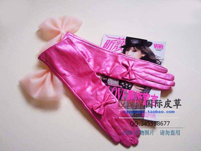 Fushia rose leather long gloves long gloves faux leather gloves butterfly gloves