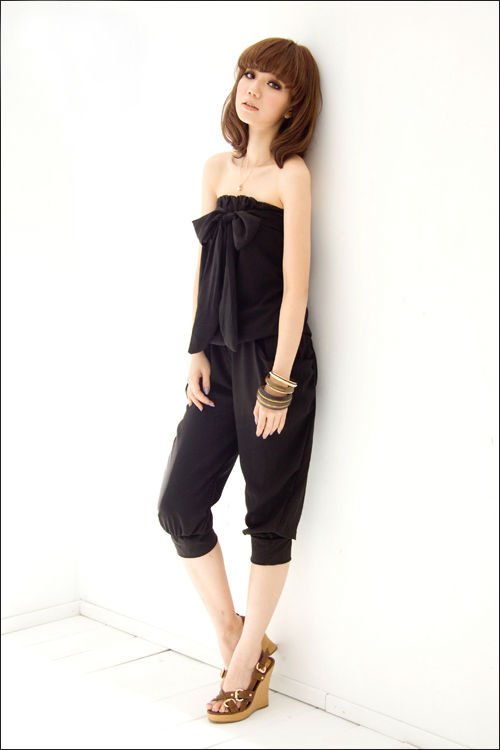 FY3778 fashion casual bow-knot off-shoulder sexy chiffon jumpsuit (black)