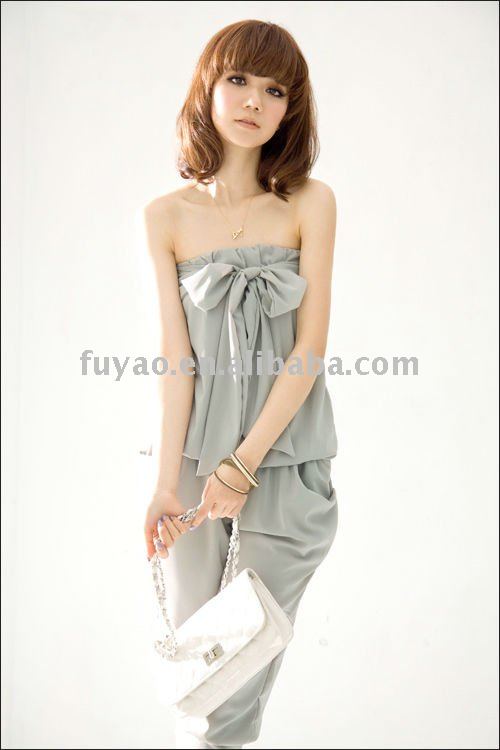 FY3778 fashion casual bow-knot off-shoulder sexy chiffon jumpsuit (grey)