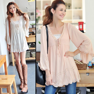 G 600069 real pictures with model ruffle vintage sleeve length V-neck chiffon shirt 330g