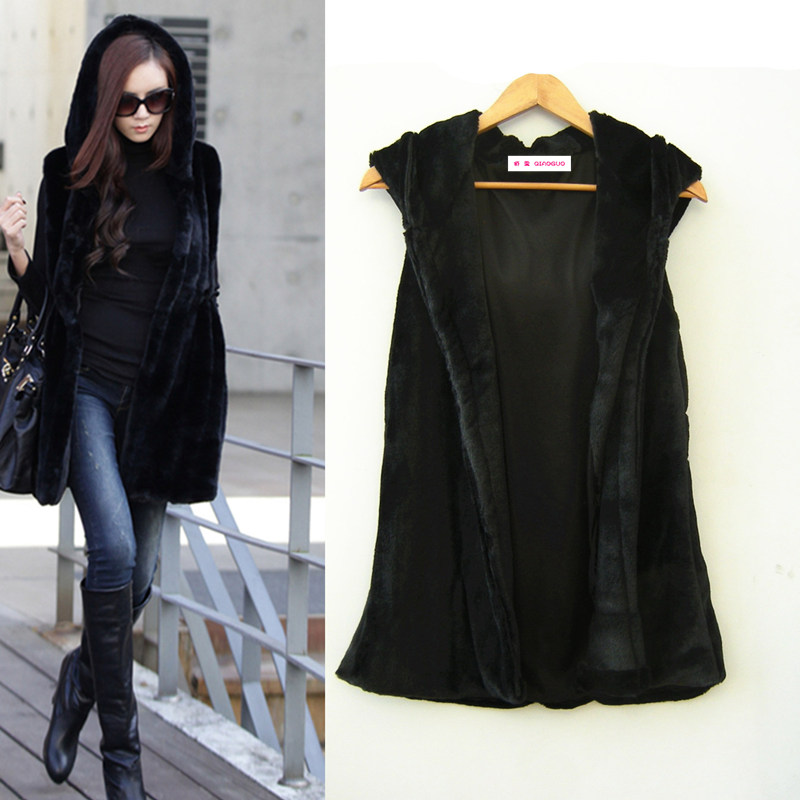 G258 faux black medium-long vest waistcoat sleeveless with a hood female outerwear