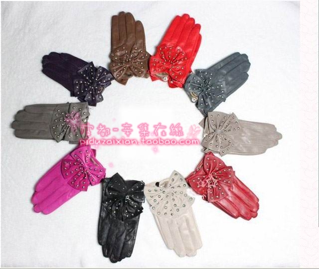 Gaga star style rivet large bow women's leather fashion soft leather gloves