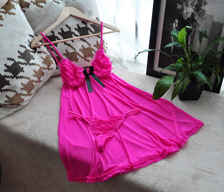 Gauze sleepwear rose sweet sexy bow cake perspectivity spaghetti strap nightgown ,Free shipping