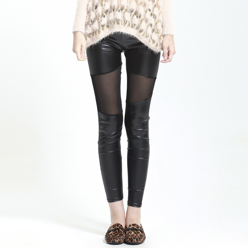 Gearys fashion gauze sexy leather pants patchwork all-match legging slim female 08021