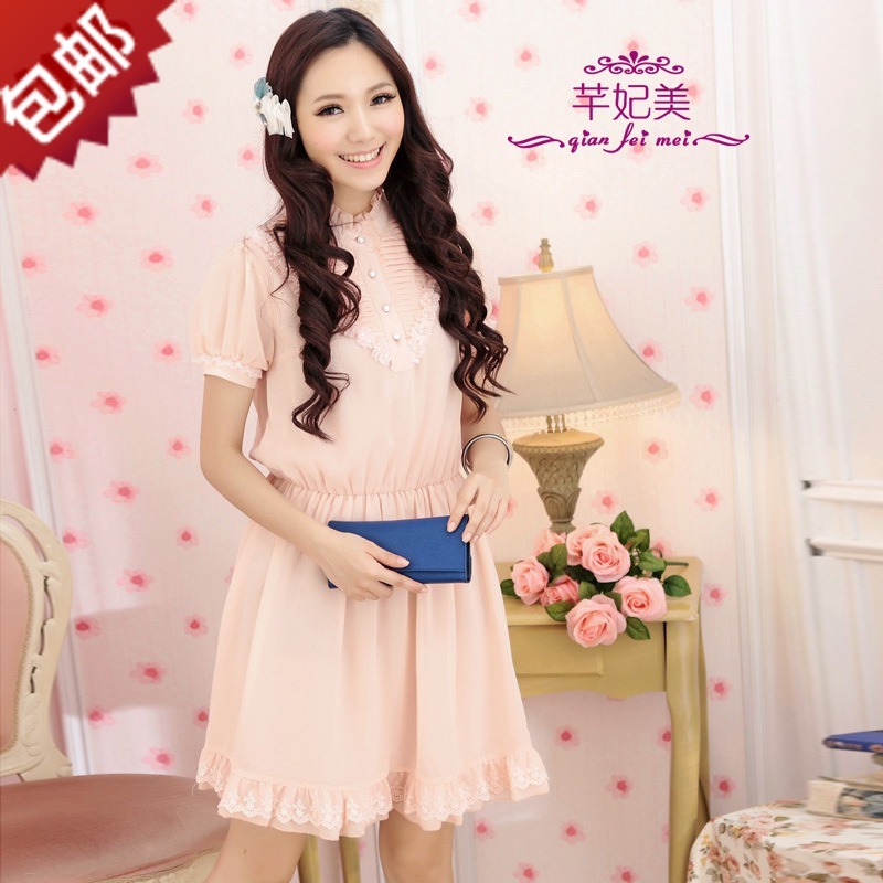 Gentlewomen stand collar beading ruffle chiffon one-piece dress 2012 short-sleeve dress