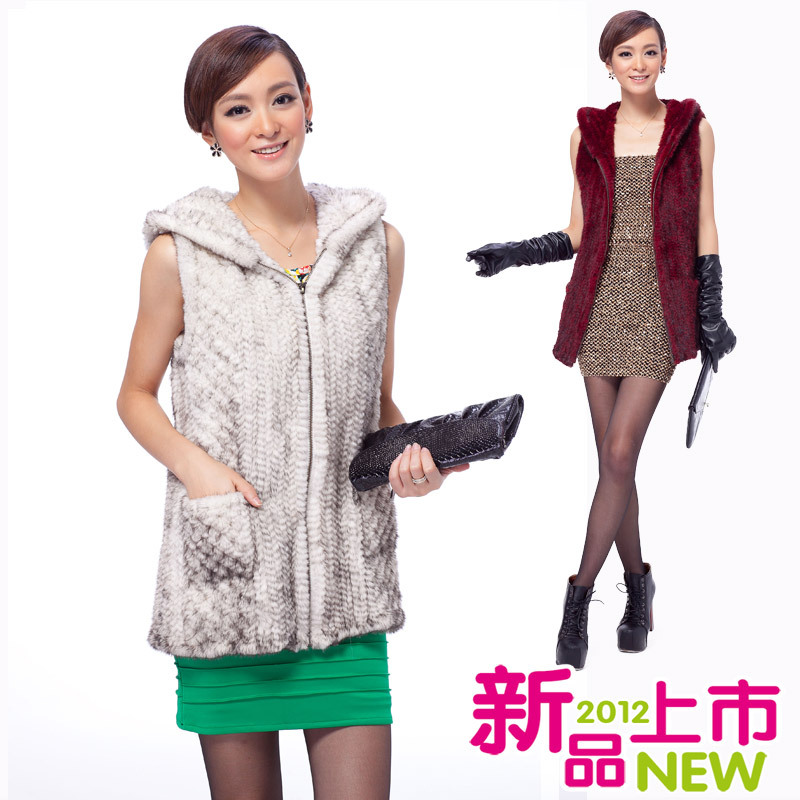 Genuine knit knitted zipper hooded Mink Fur vest gilet sleeveless garment waistcoat coat