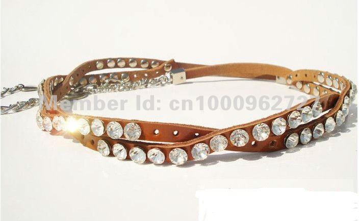 Genuine Leather Belt Lady's Fashion Thin Belt  Crystal Stone Hollow YE02