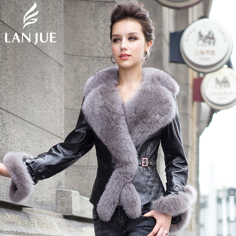 Genuine leather clothing female short design slim genuine leather sheepskin plus cotton ultralarge fox fur lj2801