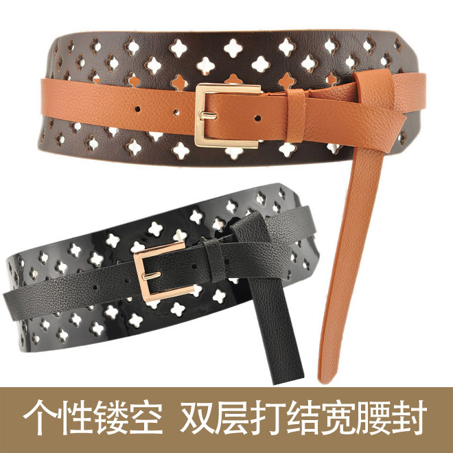 Genuine leather color block personalized cutout cummerbund fashion knot ring women's wide belt black coffee