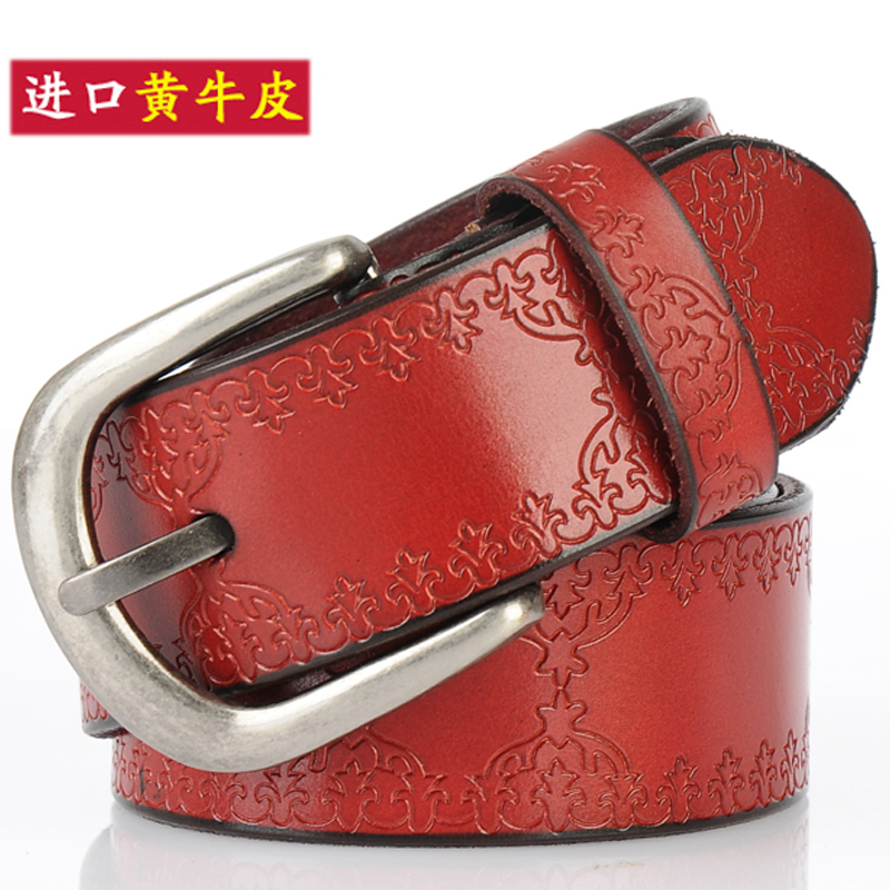 Genuine leather cowhide women's casual fashion pin buckle wide strap female embossed belt