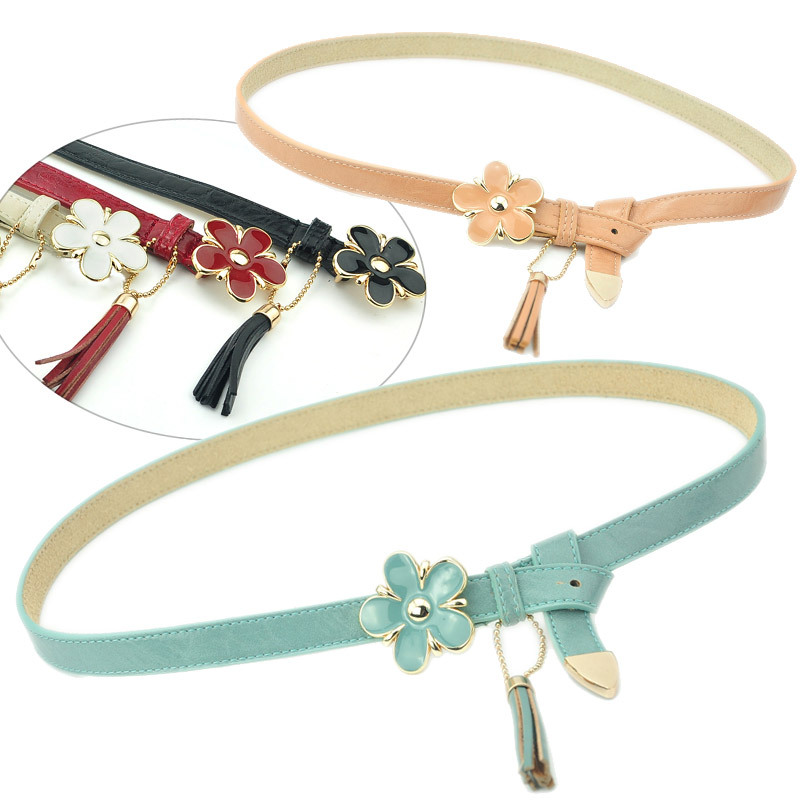 Genuine leather exquisite oil flower elegant all-match strap women's pendant tassel tieclasps thin belt wholesale freeshipping