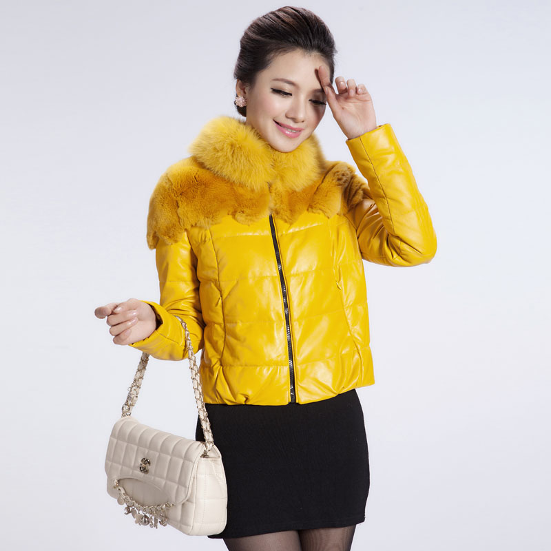 Genuine leather female short down coat design 2012 fox fur sheepskin down coat fur collar wavy