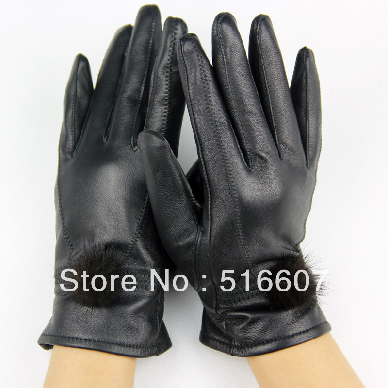 Genuine leather gloves autumn and winter women's leather gloves winter mink hair ball cotton sheepskin thermal thickening gloves