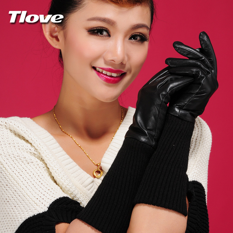 genuine leather gloves female winter thermal sheepskin gloves women's yarn long gloves arm sleeve black