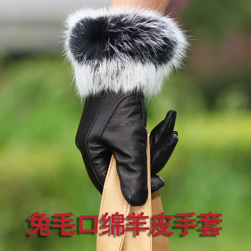 Genuine leather gloves sheepskin female rabbit fur fashion hasp thickening fur winter thermal gloves