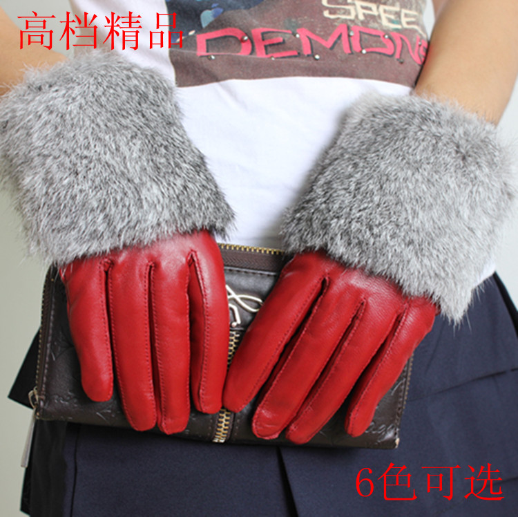 Genuine leather gloves sheepskin leather gloves female winter thermal women's rabbit fur fashion fur gloves