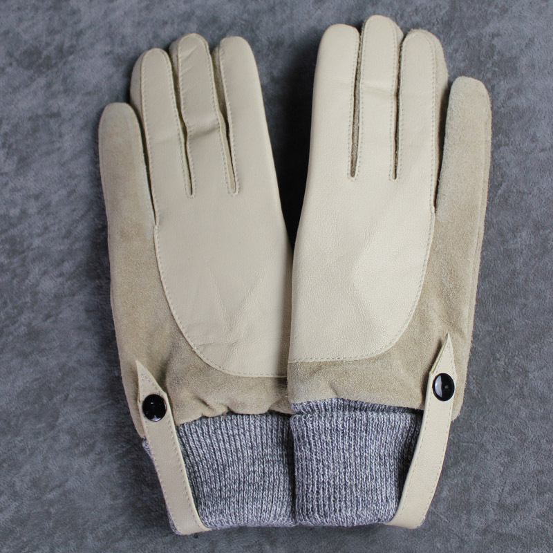 Genuine leather gloves women's beige sheepskin gloves plus velvet winter thermal gloves shall slender Women