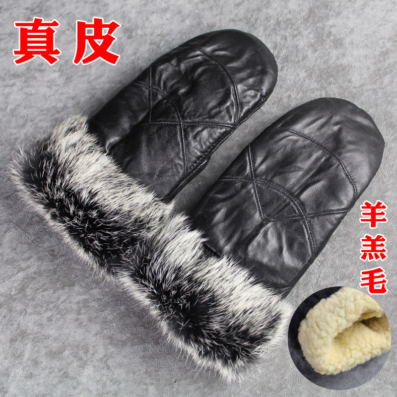 Genuine leather gloves women's thickening yarn rabbit fur winter thermal sheepskin gloves