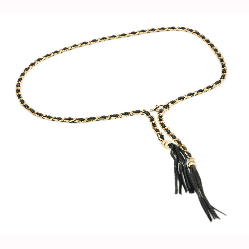 Genuine leather serpentine pattern metal belly chain fashion tassel women's belly chain black red beige