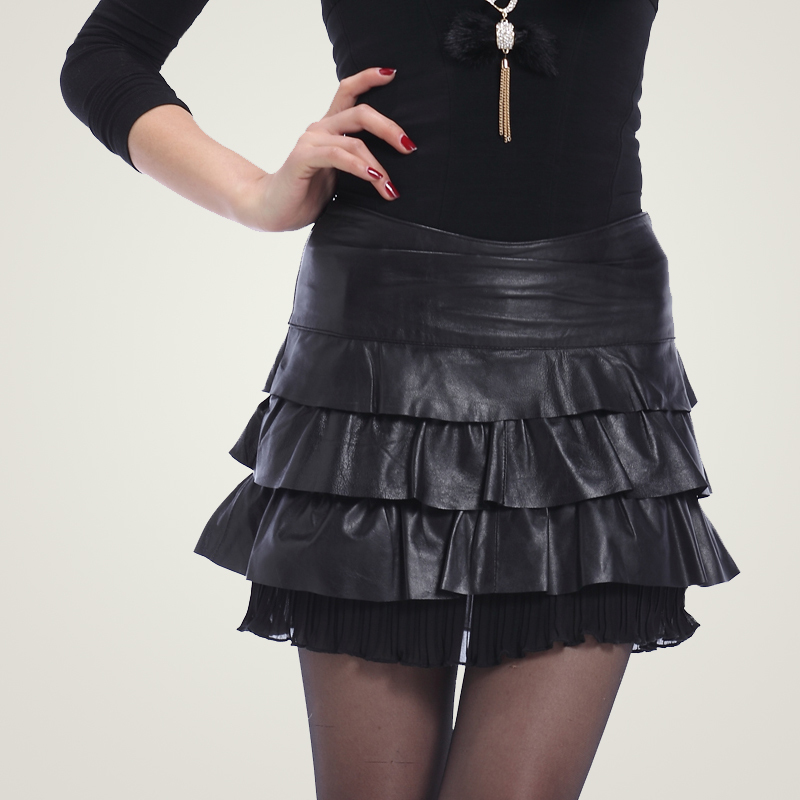 Genuine leather short skirt leather skirt lace decoration layered dress sheepskin bust skirt pleated dress