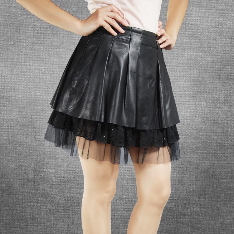 Genuine leather short skirt leather skirt women's autumn and winter lace decoration pleated skirt sheepskin skirt