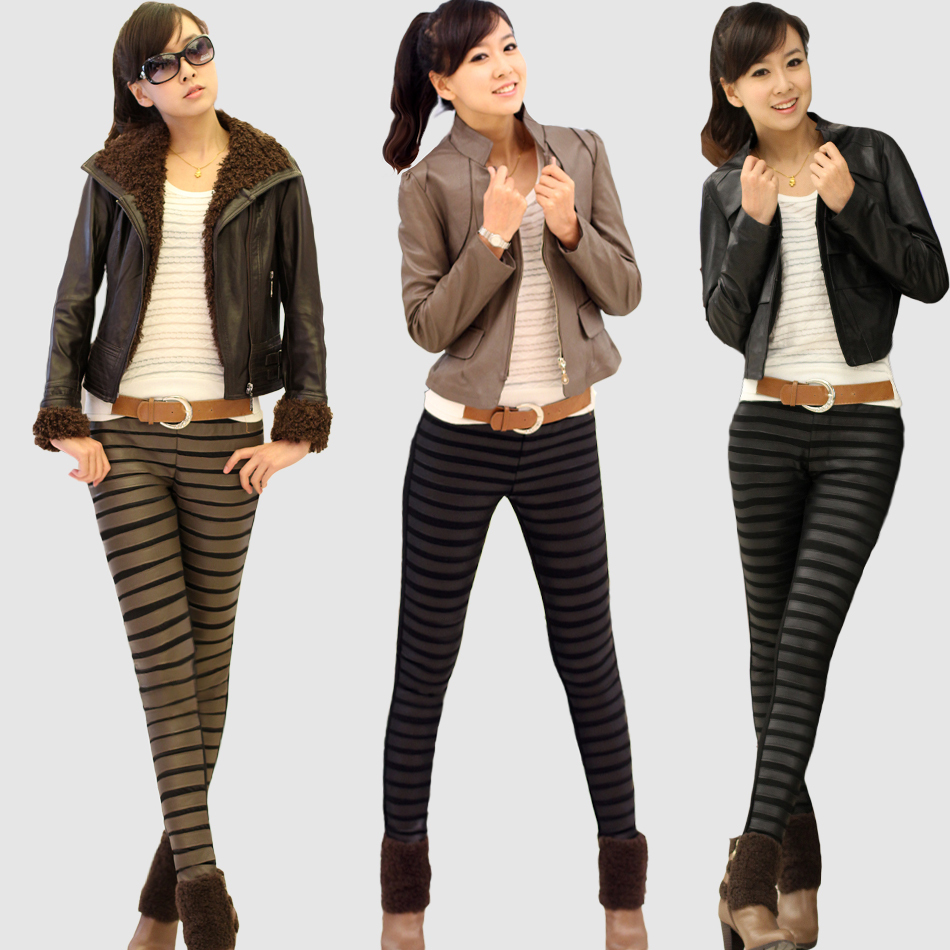 Genuine leather stripe leather pants patchwork slim plus size fashion thickening basic trousers tight pencil pants