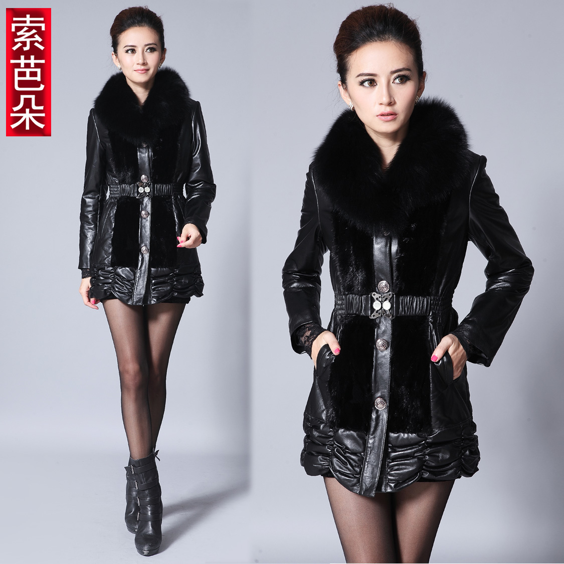 Genuine leather women 2012 winter leather coat fox fur fight mink medium-long fur px01