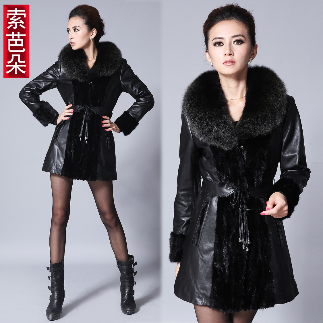 Genuine leather women 2012 winter sheepskin mink fight mink fox fur coat p619